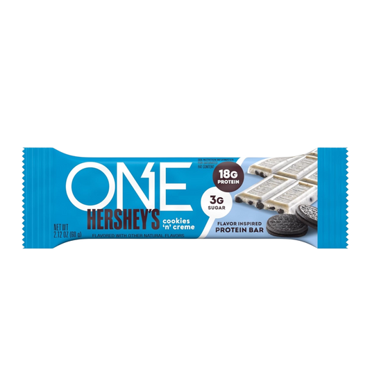 One hersheys cookie’s and cream protein bar